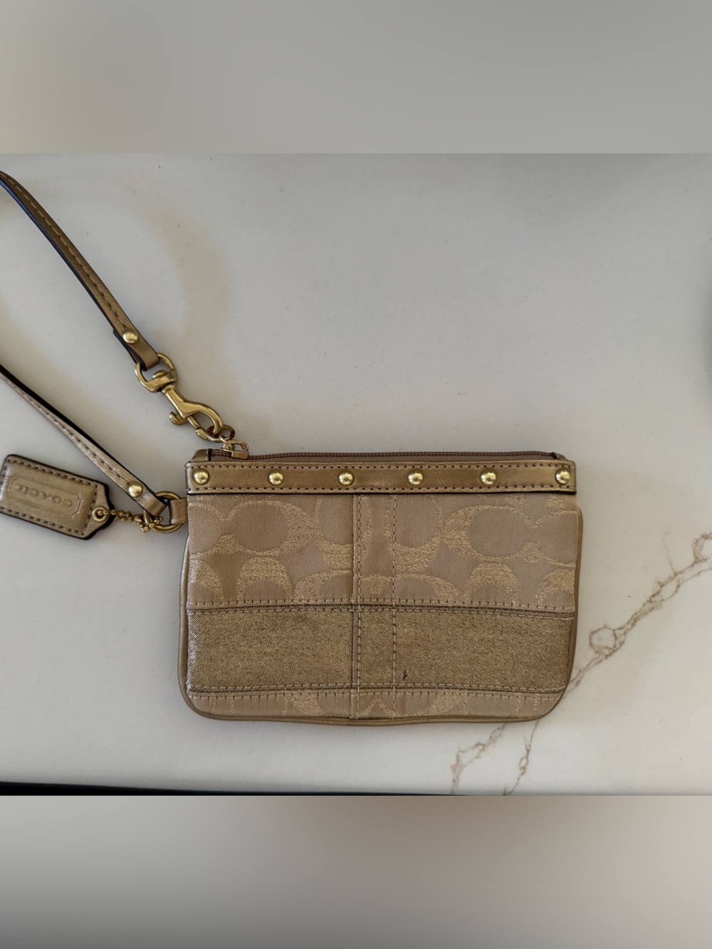 Coach Metallic Beige Signature Jacquard &  Leather Trim Small Wristlet